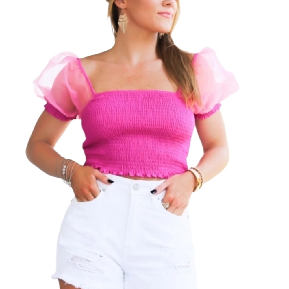 Women's TCEC Pink Puff Sleeve Smocked Top Sz Small